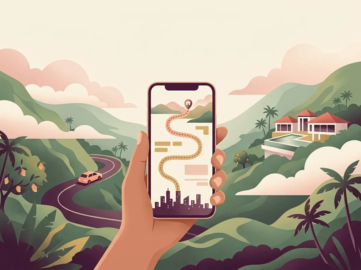 A phone showing the route from the city to the villa