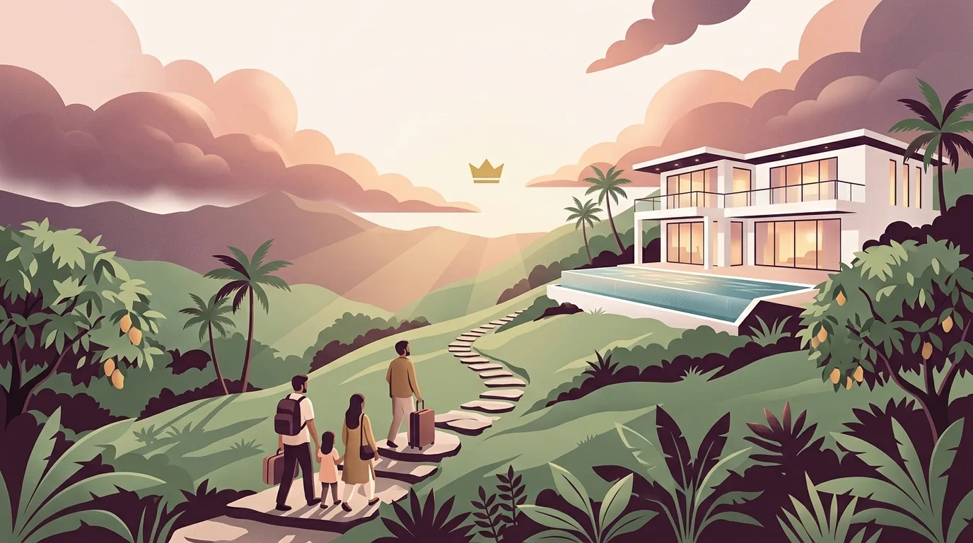 A family walking up to a white hillside villa with an infinity pool